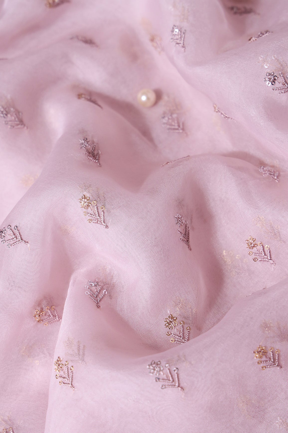 AIzaSyBcstauz-XMPRhEY21AUzeo032pxrXB5Ug - Gold And Silver Sequins Beautiful Small Floral Motif Embroidery Work On Pastel Pink Organza Fabric