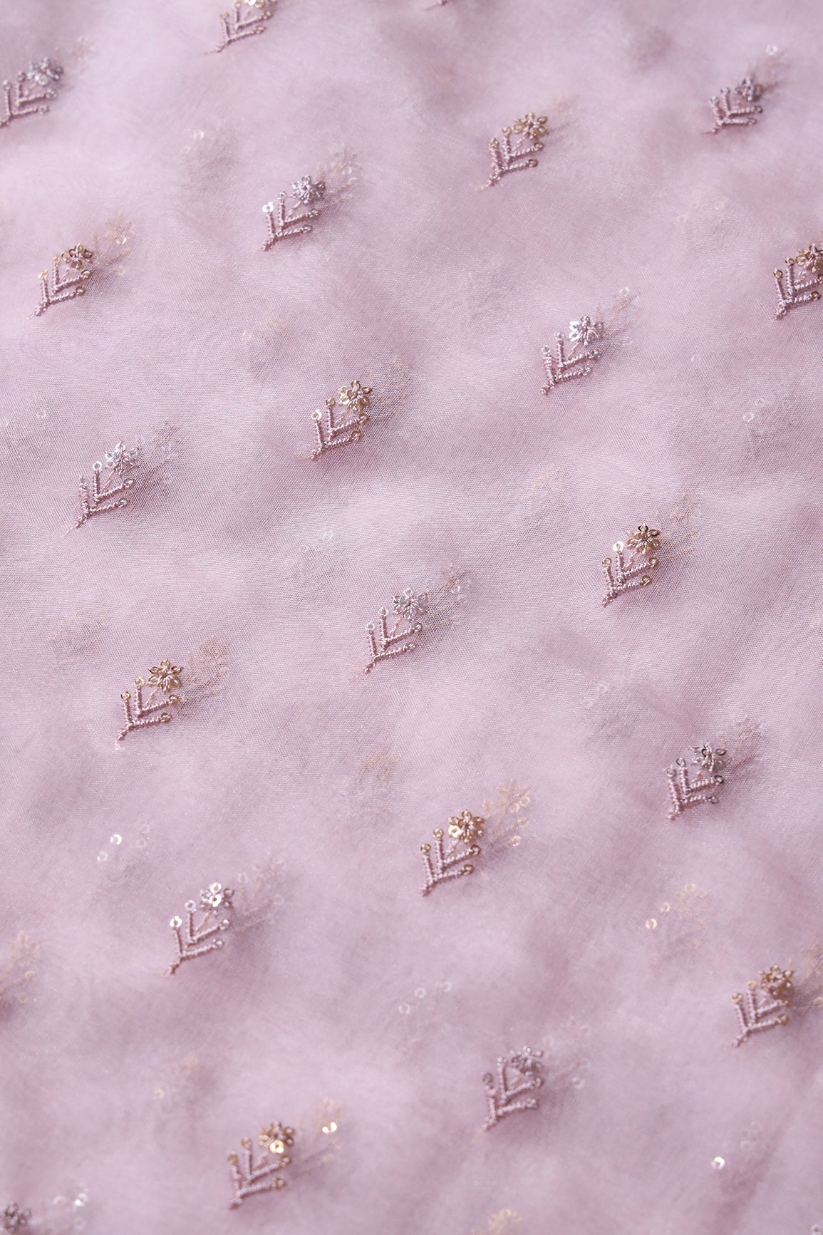 AIzaSyBcstauz-XMPRhEY21AUzeo032pxrXB5Ug - Gold And Silver Sequins Beautiful Small Floral Motif Embroidery Work On Pastel Pink Organza Fabric