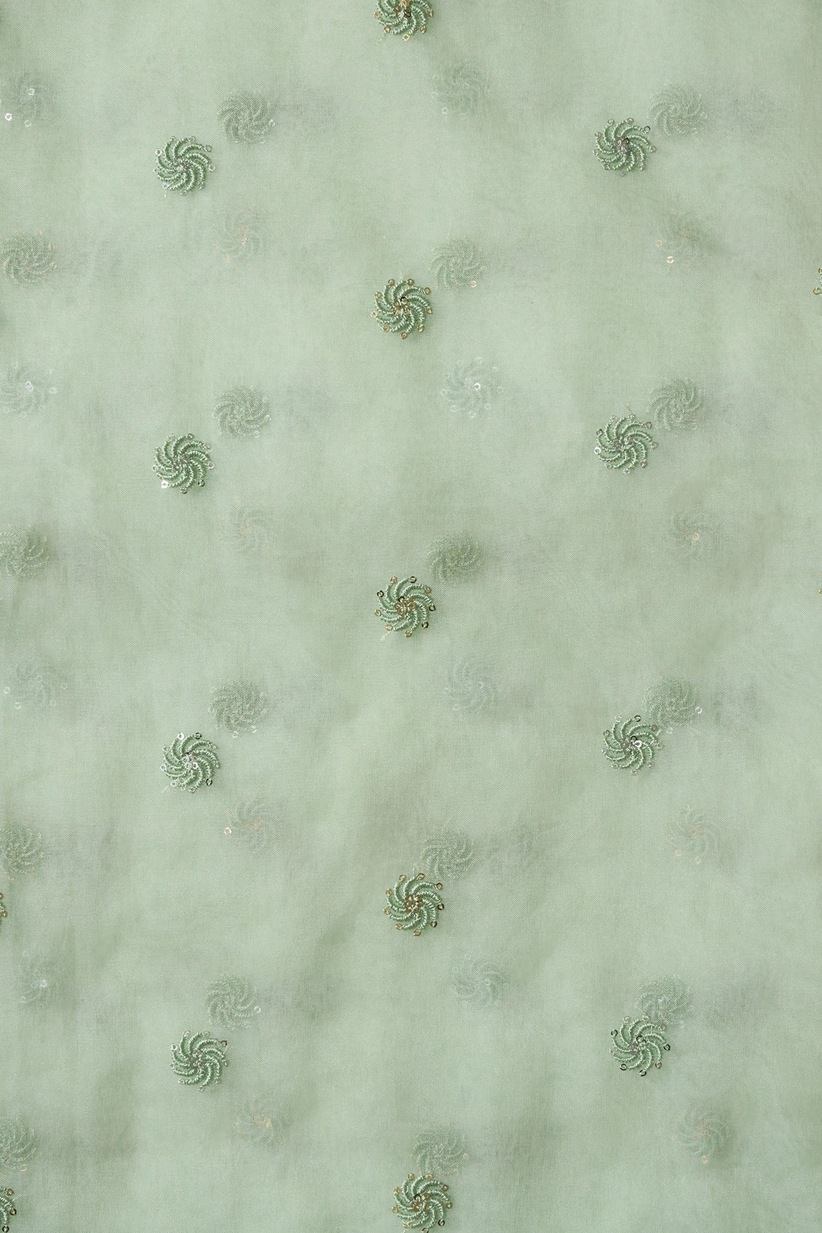 AIzaSyBcstauz-XMPRhEY21AUzeo032pxrXB5Ug - Gold And Silver Sequins Beautiful Small Motif Embroidery Work On Pastel Olive Organza Fabric