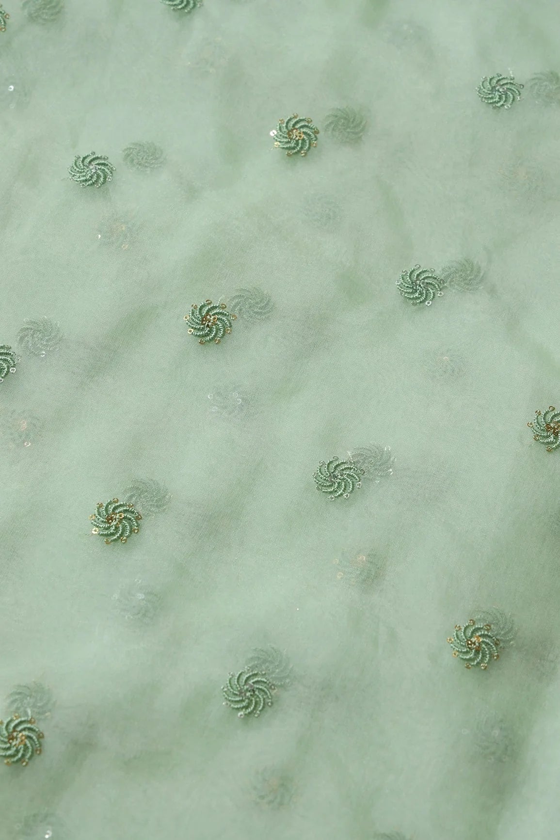 AIzaSyBcstauz-XMPRhEY21AUzeo032pxrXB5Ug - Gold And Silver Sequins Beautiful Small Motif Embroidery Work On Pastel Olive Organza Fabric
