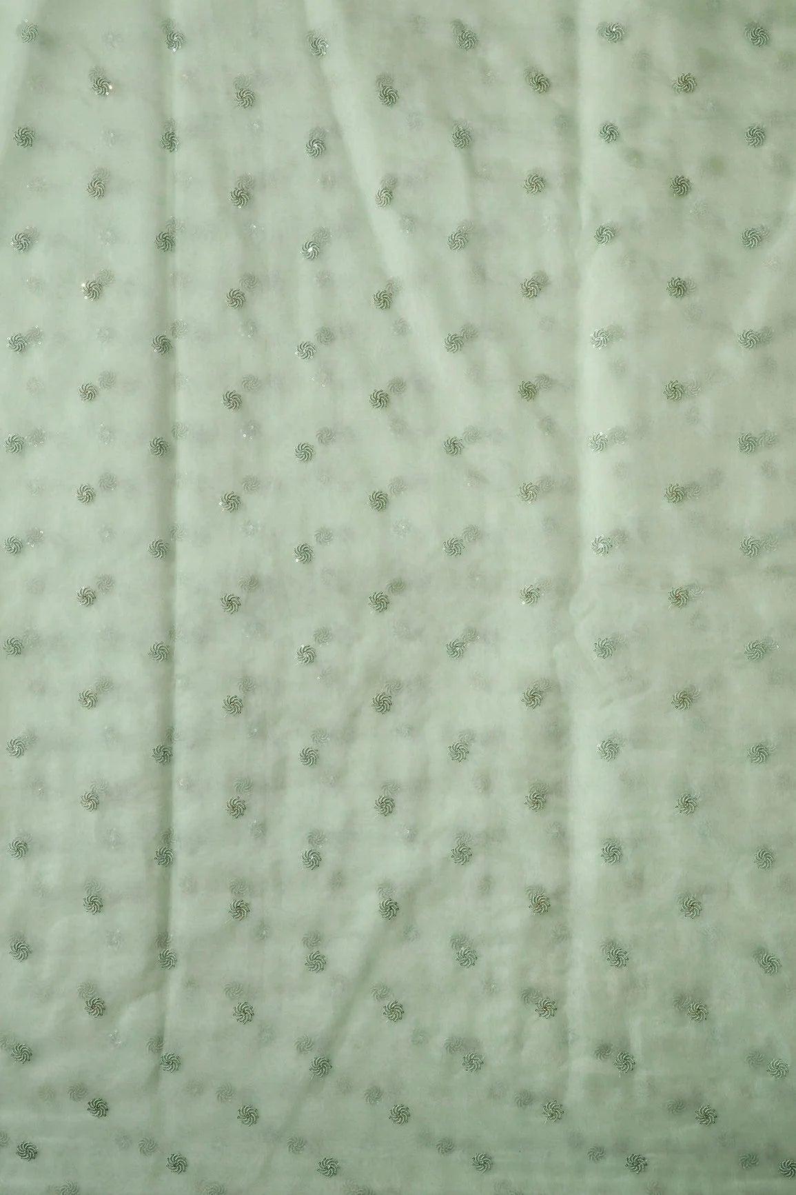 AIzaSyBcstauz-XMPRhEY21AUzeo032pxrXB5Ug - Gold And Silver Sequins Beautiful Small Motif Embroidery Work On Pastel Olive Organza Fabric