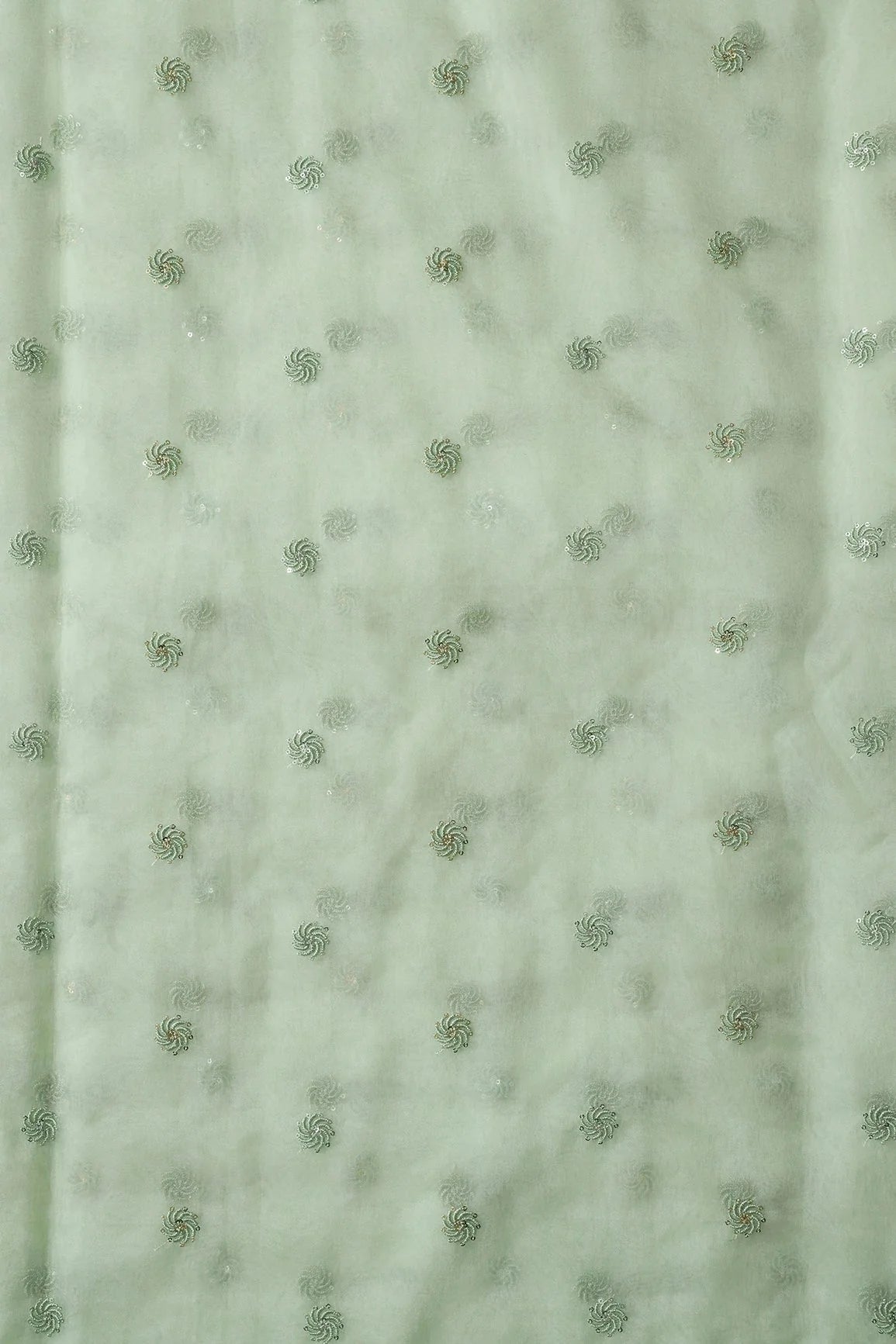 AIzaSyBcstauz-XMPRhEY21AUzeo032pxrXB5Ug - Gold And Silver Sequins Beautiful Small Motif Embroidery Work On Pastel Olive Organza Fabric