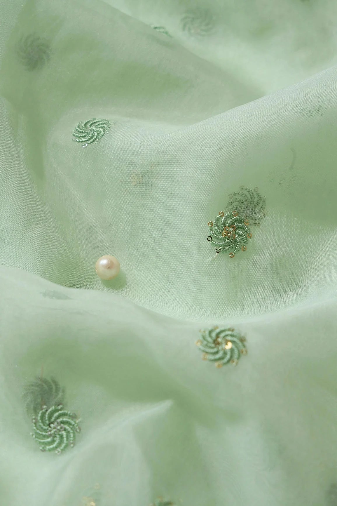 AIzaSyBcstauz-XMPRhEY21AUzeo032pxrXB5Ug - Gold And Silver Sequins Beautiful Small Motif Embroidery Work On Pastel Olive Organza Fabric