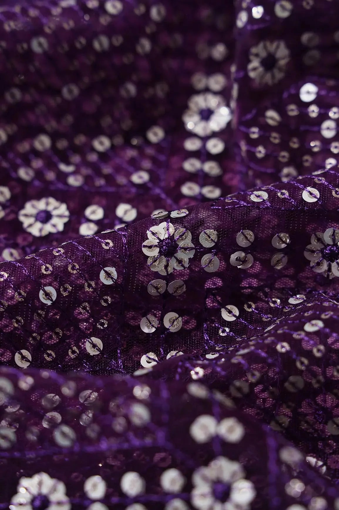 AIzaSyBcstauz-XMPRhEY21AUzeo032pxrXB5Ug - Gold And Silver Sequins Checks Embroidery On Wine Soft Net Fabric