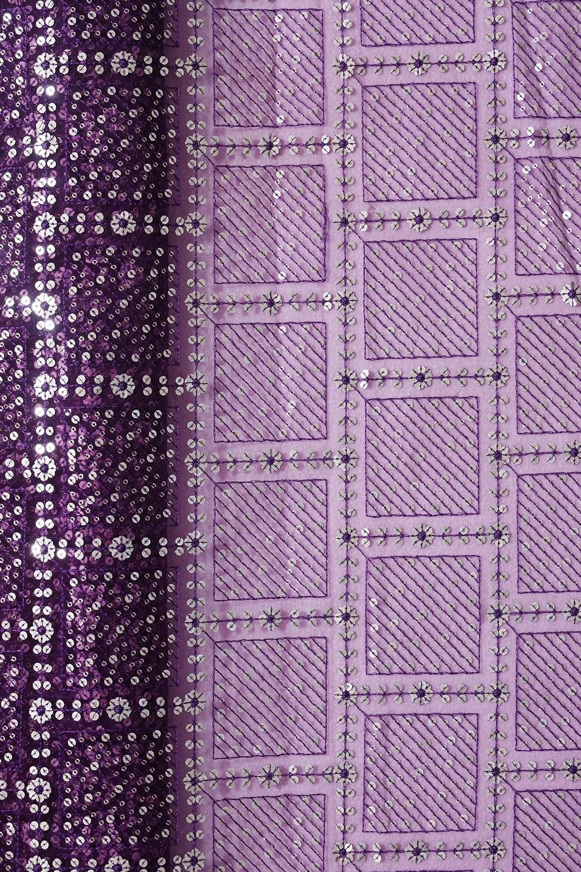 AIzaSyBcstauz-XMPRhEY21AUzeo032pxrXB5Ug - Gold And Silver Sequins Checks Embroidery On Wine Soft Net Fabric