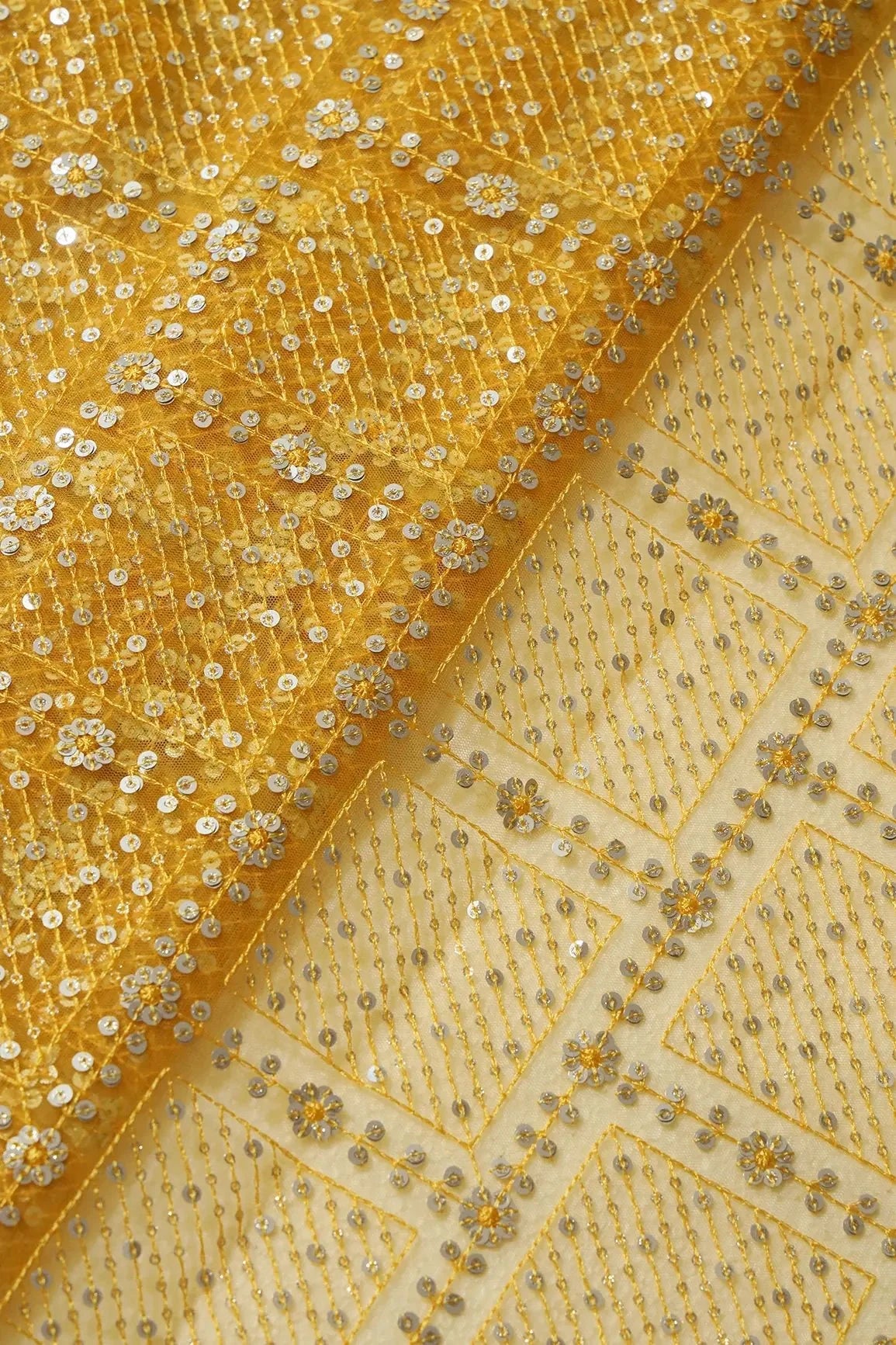 AIzaSyBcstauz-XMPRhEY21AUzeo032pxrXB5Ug - Gold And Silver Sequins Checks Embroidery On Yellow Soft Net Fabric