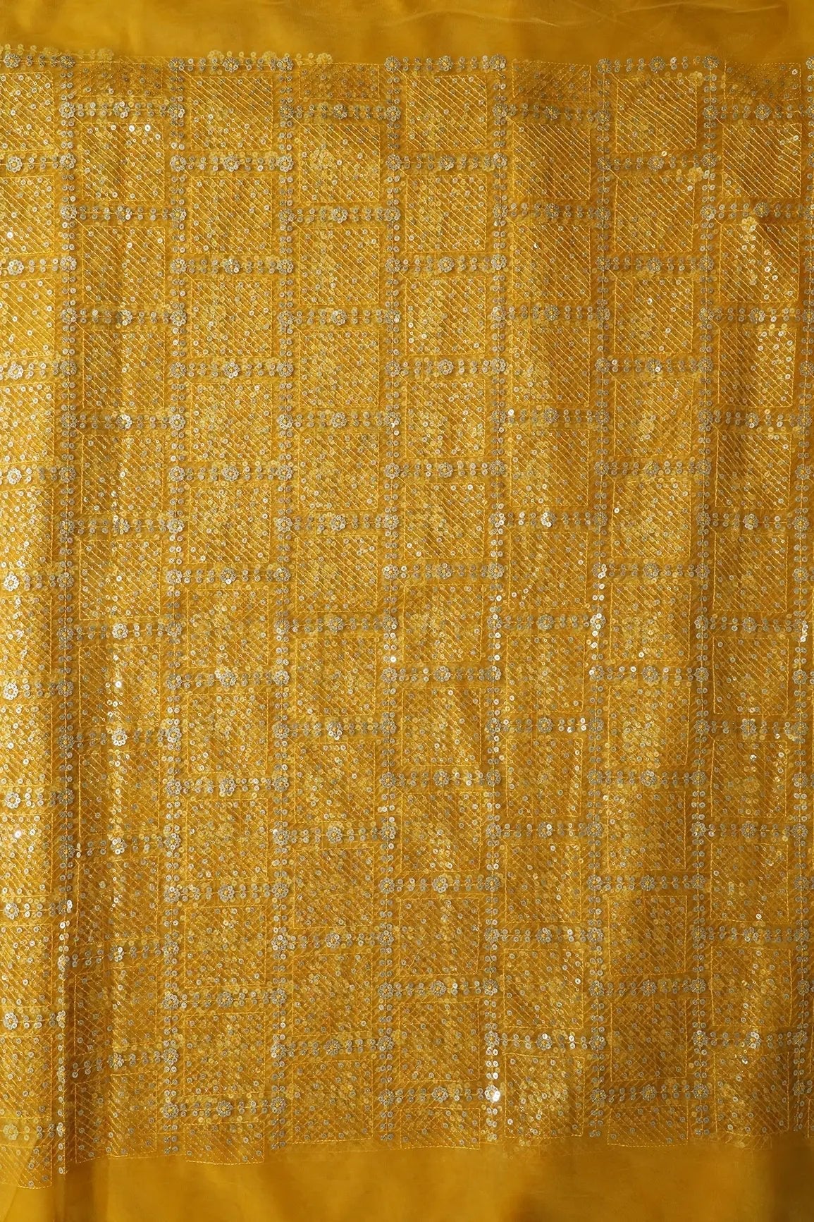 AIzaSyBcstauz-XMPRhEY21AUzeo032pxrXB5Ug - Gold And Silver Sequins Checks Embroidery On Yellow Soft Net Fabric
