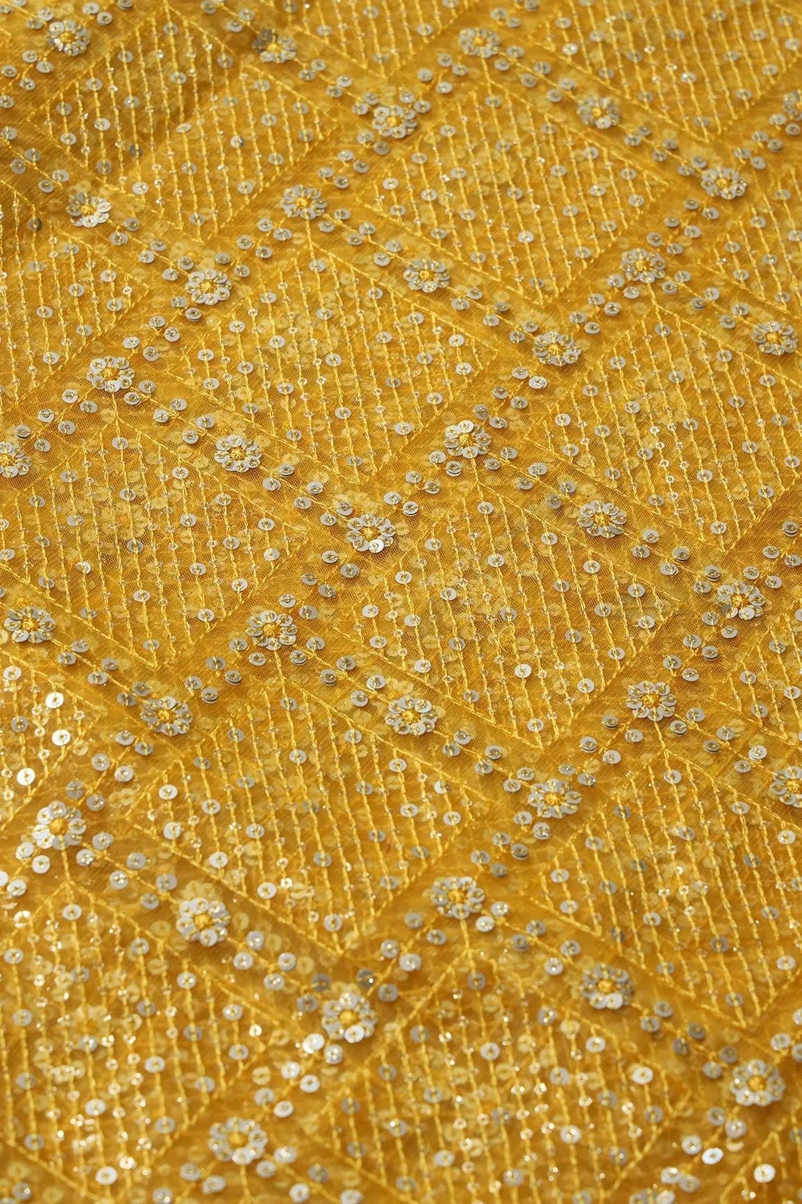 AIzaSyBcstauz-XMPRhEY21AUzeo032pxrXB5Ug - Gold And Silver Sequins Checks Embroidery On Yellow Soft Net Fabric