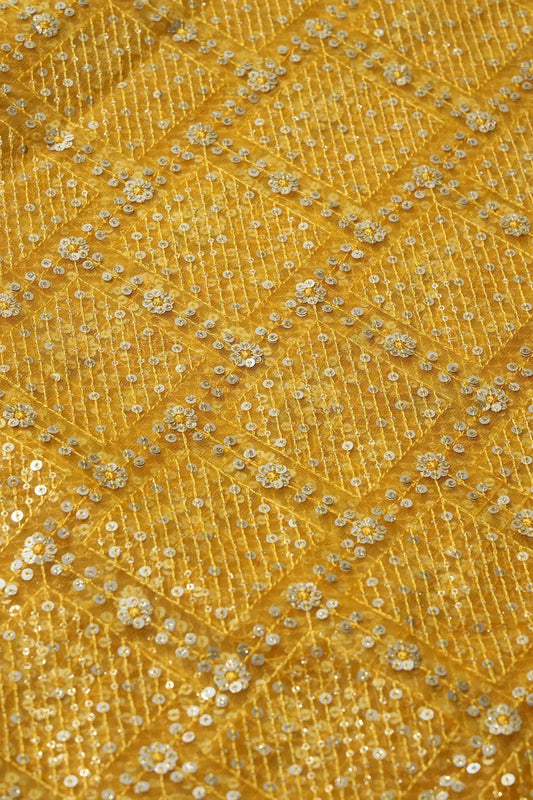 AIzaSyBcstauz-XMPRhEY21AUzeo032pxrXB5Ug - Gold And Silver Sequins Checks Embroidery On Yellow Soft Net Fabric