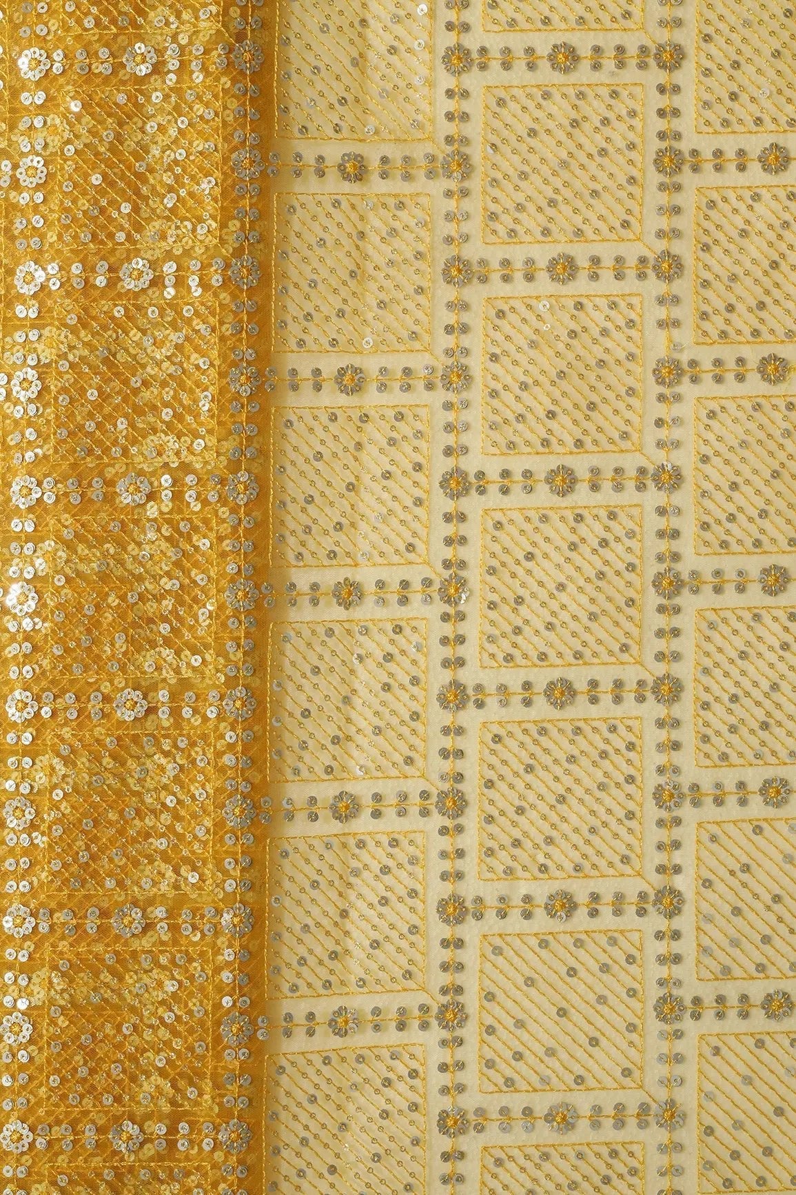 AIzaSyBcstauz-XMPRhEY21AUzeo032pxrXB5Ug - Gold And Silver Sequins Checks Embroidery On Yellow Soft Net Fabric
