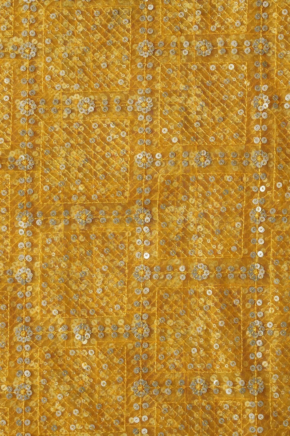 AIzaSyBcstauz-XMPRhEY21AUzeo032pxrXB5Ug - Gold And Silver Sequins Checks Embroidery On Yellow Soft Net Fabric