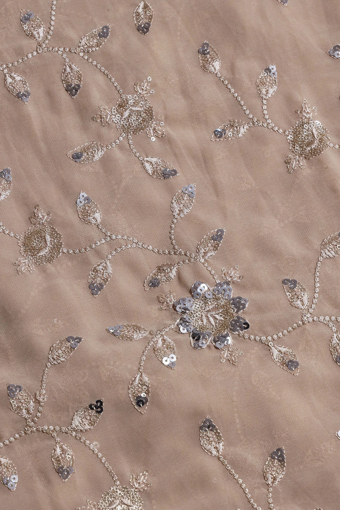 AIzaSyBcstauz-XMPRhEY21AUzeo032pxrXB5Ug - Gold And Silver Sequins Floral Embroidery Work On Beige Georgette Fabric