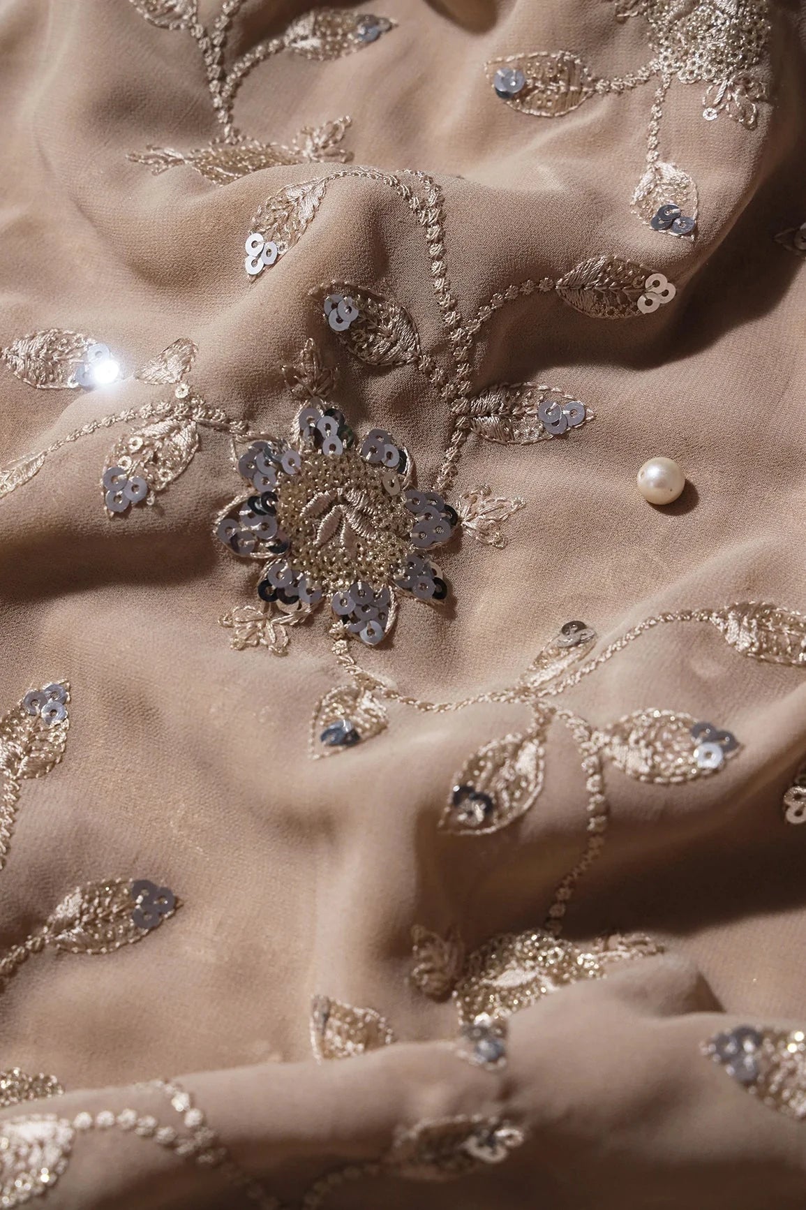AIzaSyBcstauz-XMPRhEY21AUzeo032pxrXB5Ug - Gold And Silver Sequins Floral Embroidery Work On Beige Georgette Fabric