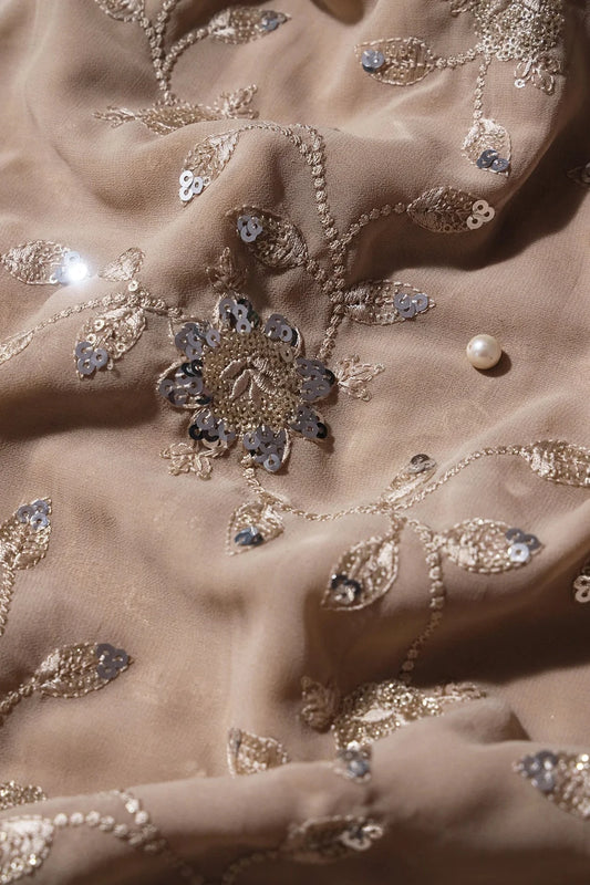 AIzaSyBcstauz-XMPRhEY21AUzeo032pxrXB5Ug - Gold And Silver Sequins Floral Embroidery Work On Beige Georgette Fabric