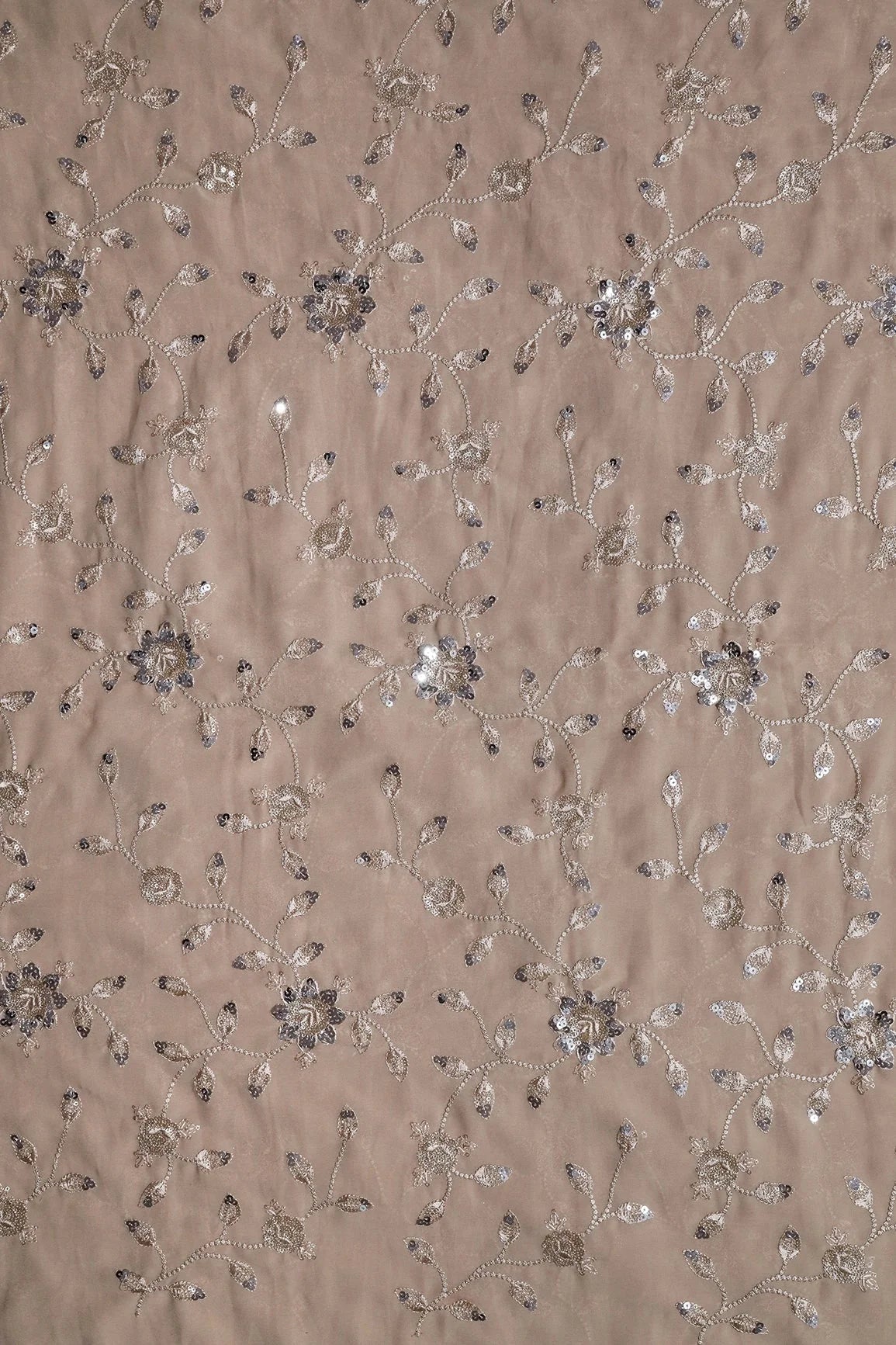 AIzaSyBcstauz-XMPRhEY21AUzeo032pxrXB5Ug - Gold And Silver Sequins Floral Embroidery Work On Beige Georgette Fabric