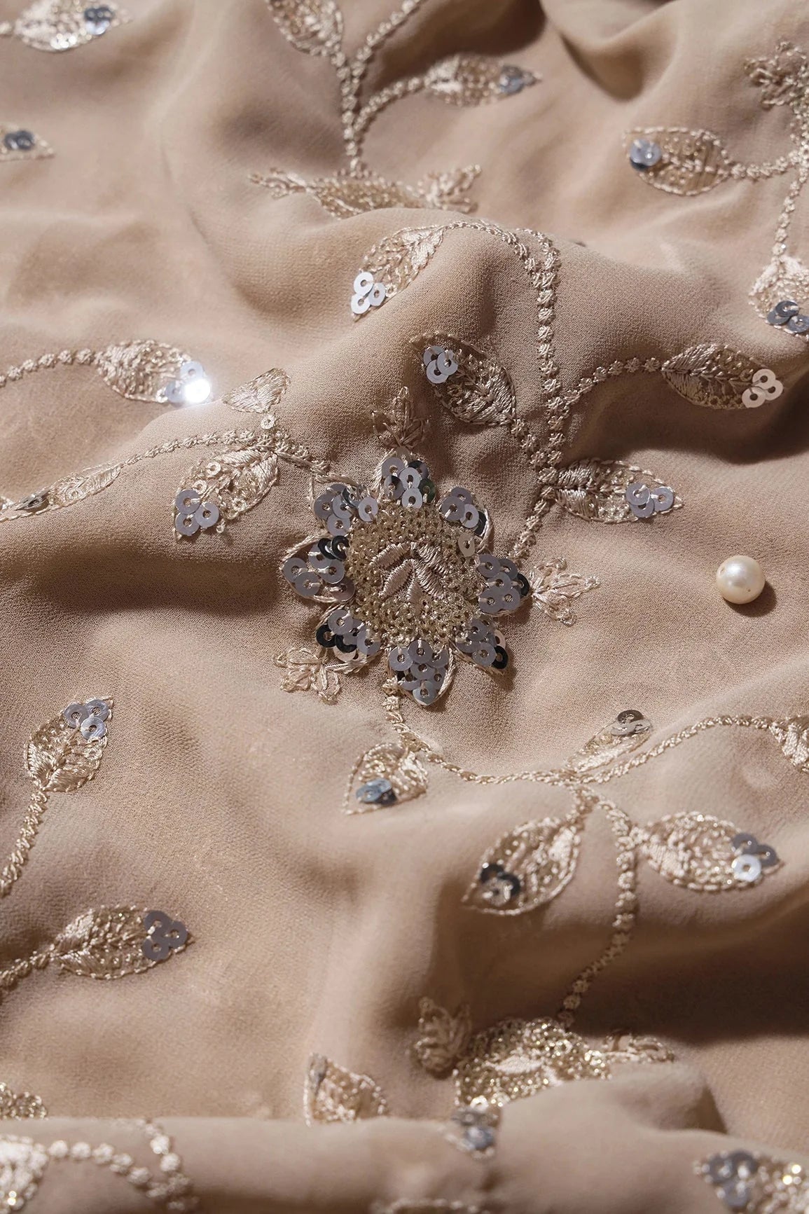 AIzaSyBcstauz-XMPRhEY21AUzeo032pxrXB5Ug - Gold And Silver Sequins Floral Embroidery Work On Beige Georgette Fabric