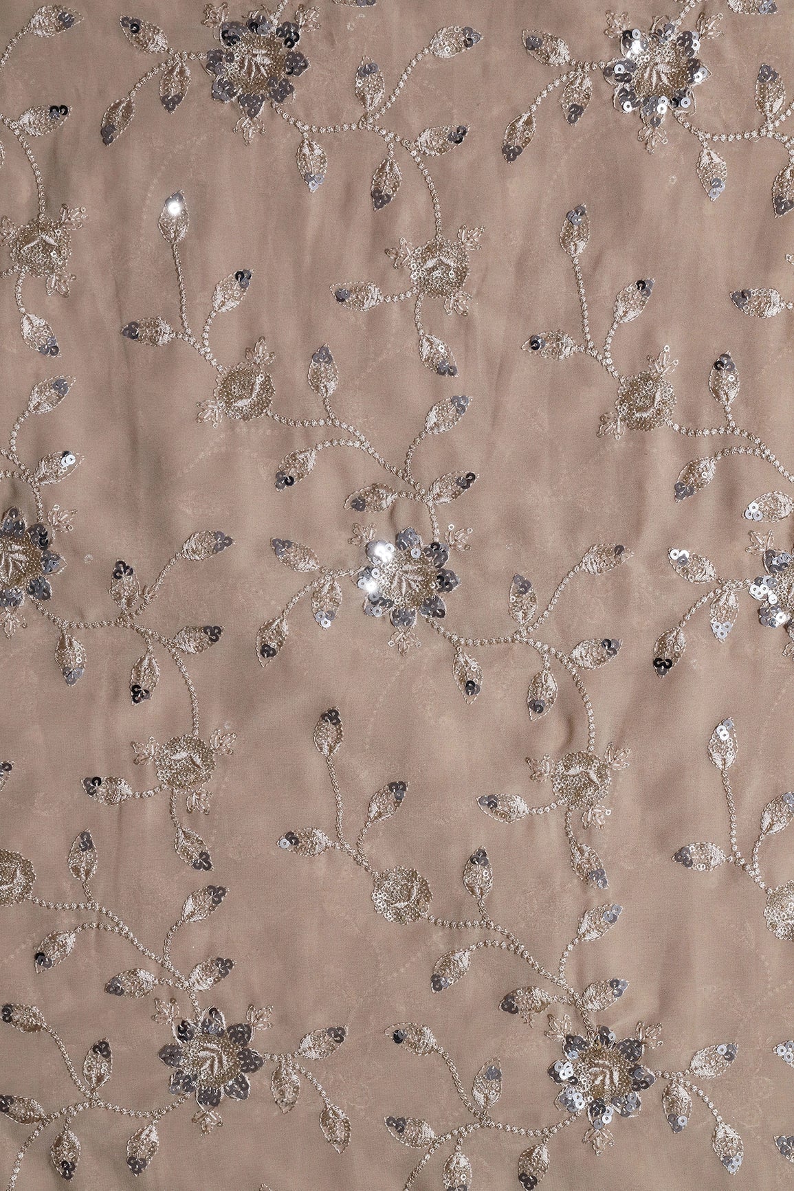 AIzaSyBcstauz-XMPRhEY21AUzeo032pxrXB5Ug - Gold And Silver Sequins Floral Embroidery Work On Beige Georgette Fabric