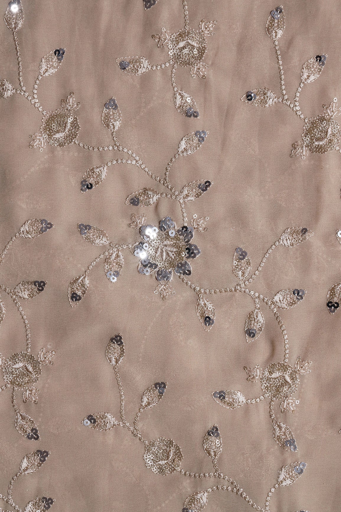 AIzaSyBcstauz-XMPRhEY21AUzeo032pxrXB5Ug - Gold And Silver Sequins Floral Embroidery Work On Beige Georgette Fabric
