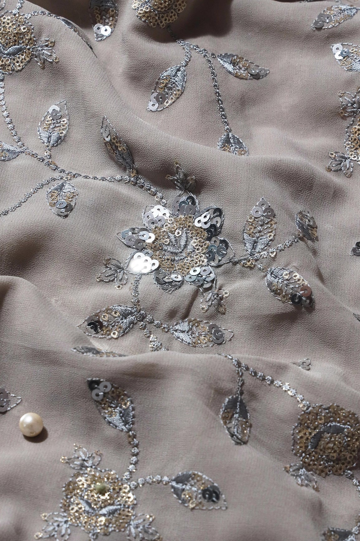 AIzaSyBcstauz-XMPRhEY21AUzeo032pxrXB5Ug - Gold And Silver Sequins Floral Embroidery Work On Grey Georgette Fabric