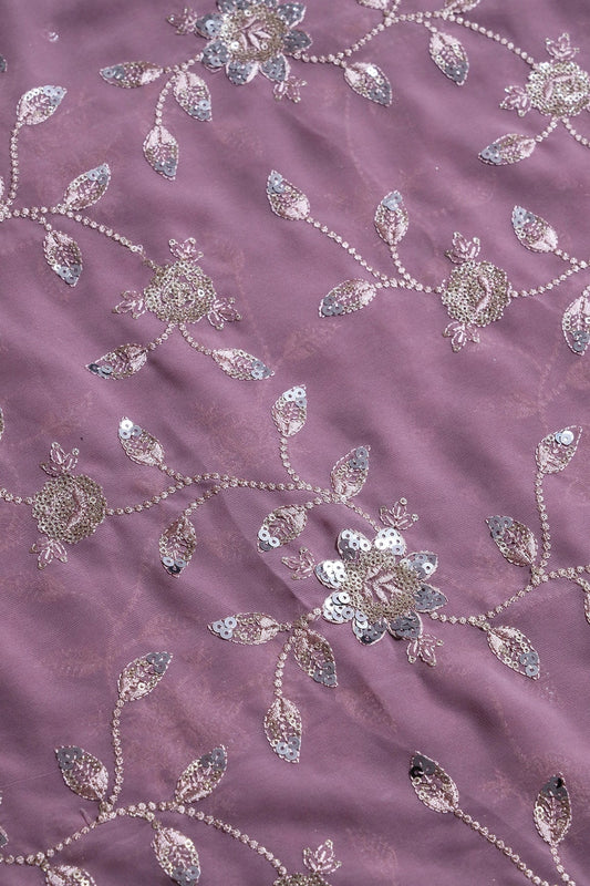 AIzaSyBcstauz-XMPRhEY21AUzeo032pxrXB5Ug - Gold And Silver Sequins Floral Embroidery Work On Lilac Purple Georgette Fabric