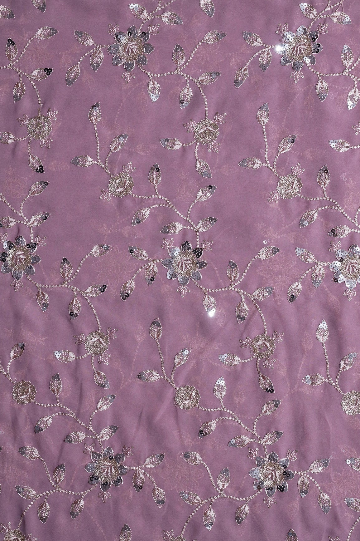 AIzaSyBcstauz-XMPRhEY21AUzeo032pxrXB5Ug - Gold And Silver Sequins Floral Embroidery Work On Lilac Purple Georgette Fabric