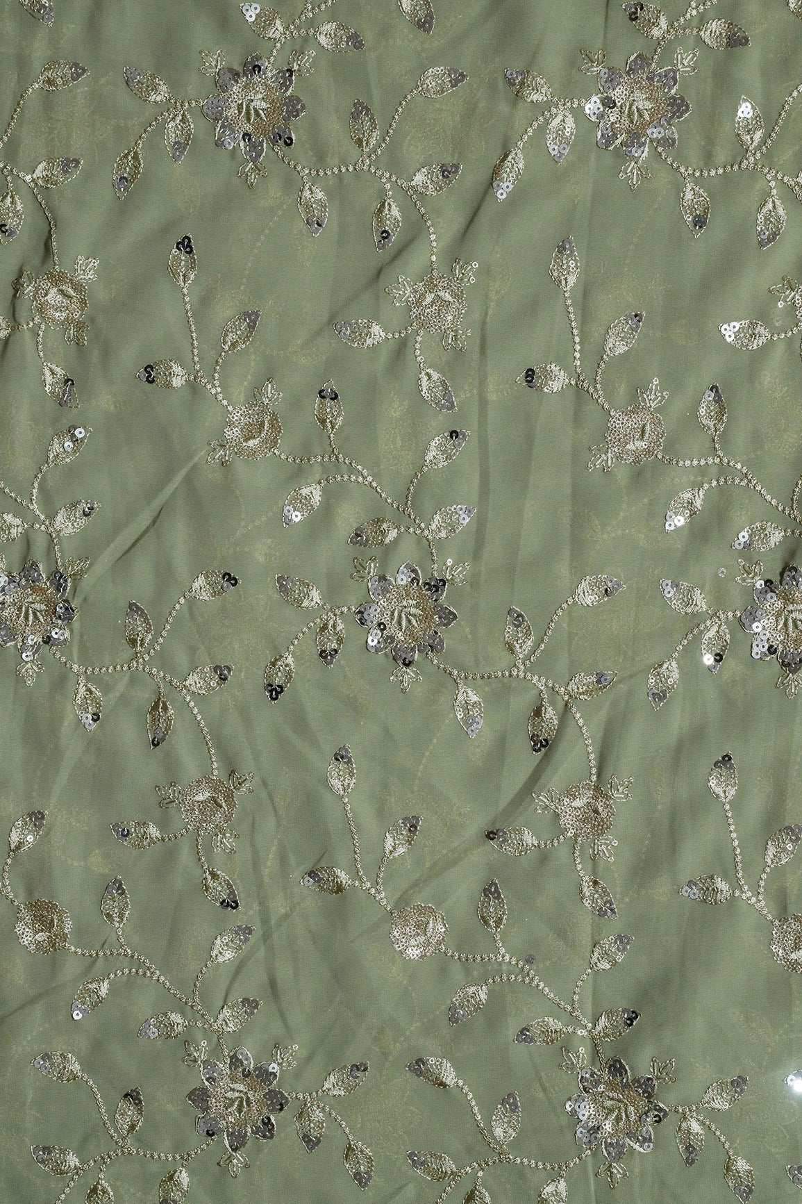 AIzaSyBcstauz-XMPRhEY21AUzeo032pxrXB5Ug - Gold And Silver Sequins Floral Embroidery Work On Olive Georgette Fabric
