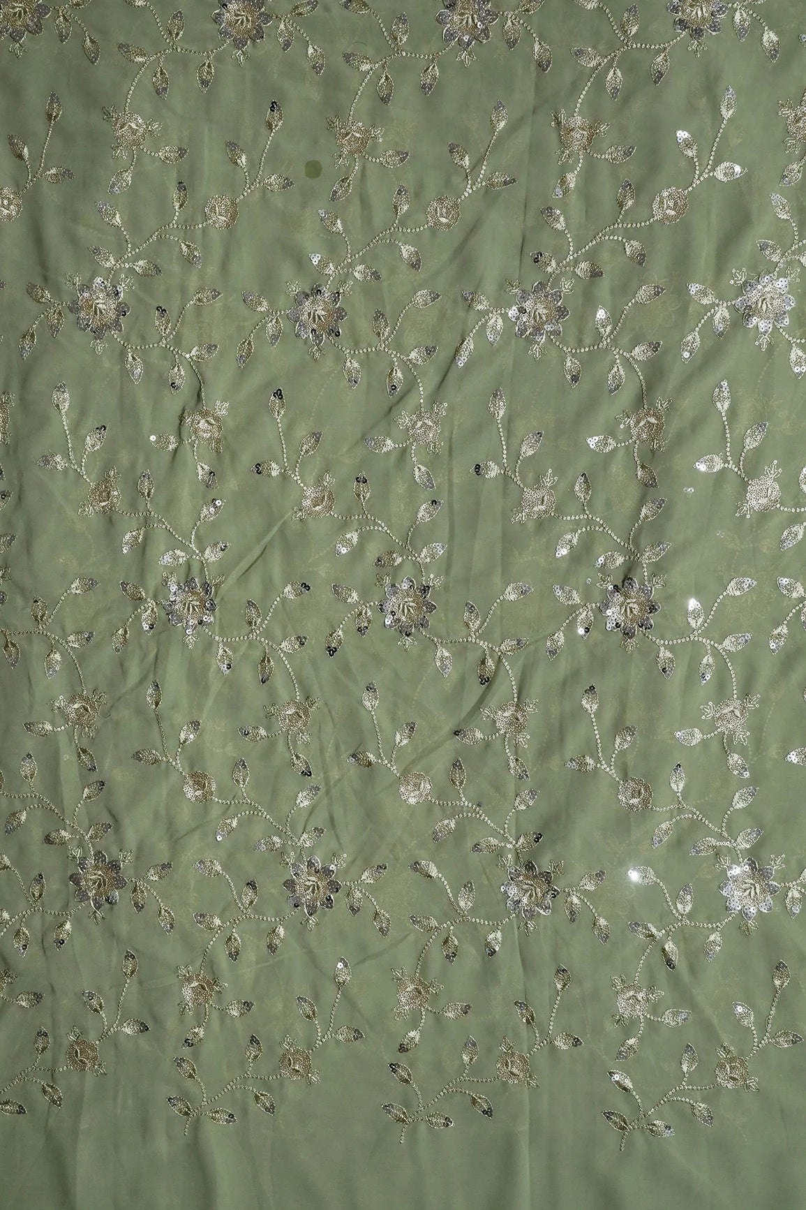 AIzaSyBcstauz-XMPRhEY21AUzeo032pxrXB5Ug - Gold And Silver Sequins Floral Embroidery Work On Olive Georgette Fabric