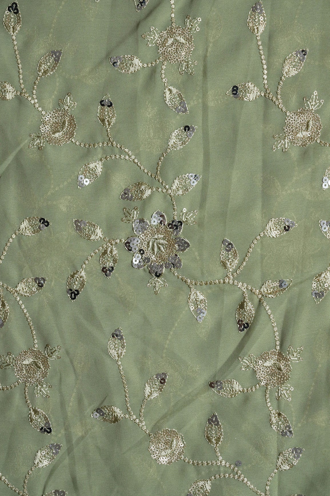 AIzaSyBcstauz-XMPRhEY21AUzeo032pxrXB5Ug - Gold And Silver Sequins Floral Embroidery Work On Olive Georgette Fabric