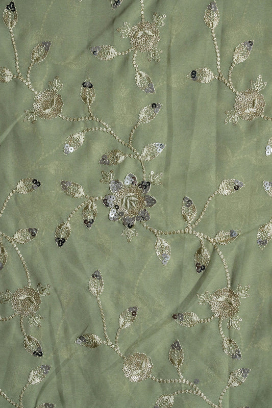 AIzaSyBcstauz-XMPRhEY21AUzeo032pxrXB5Ug - Gold And Silver Sequins Floral Embroidery Work On Olive Georgette Fabric