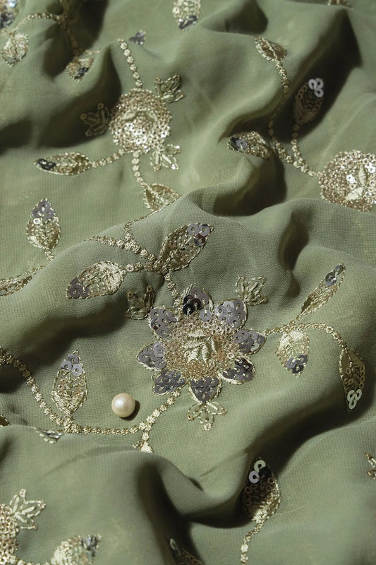 AIzaSyBcstauz-XMPRhEY21AUzeo032pxrXB5Ug - Gold And Silver Sequins Floral Embroidery Work On Olive Georgette Fabric