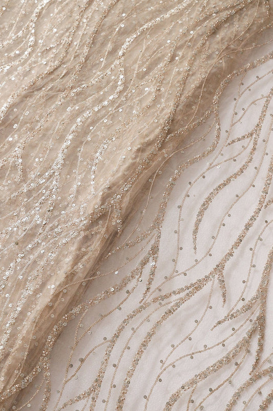 AIzaSyBcstauz-XMPRhEY21AUzeo032pxrXB5Ug - Gold And Silver Sequins With Beige Thread Wavy Embroidery On Light Beige Soft Net