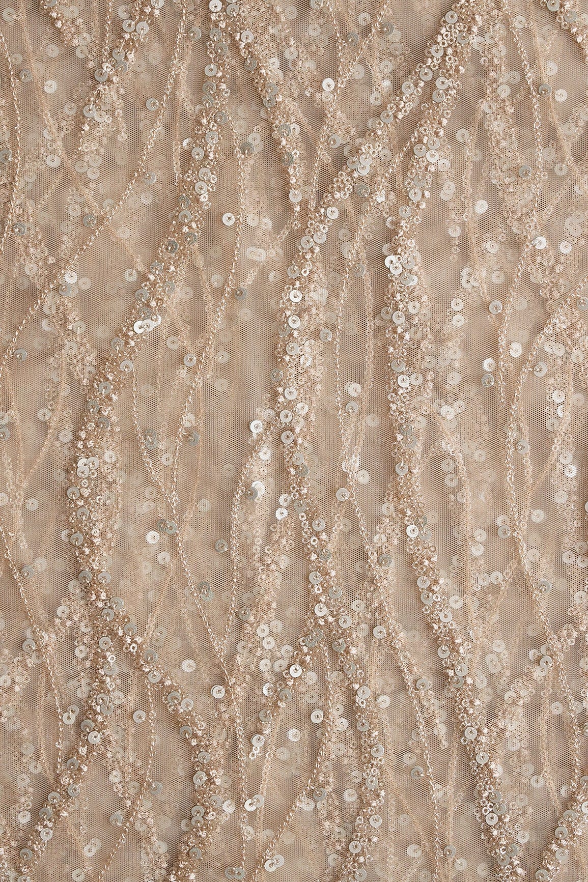 AIzaSyBcstauz-XMPRhEY21AUzeo032pxrXB5Ug - Gold And Silver Sequins With Beige Thread Wavy Embroidery On Light Beige Soft Net
