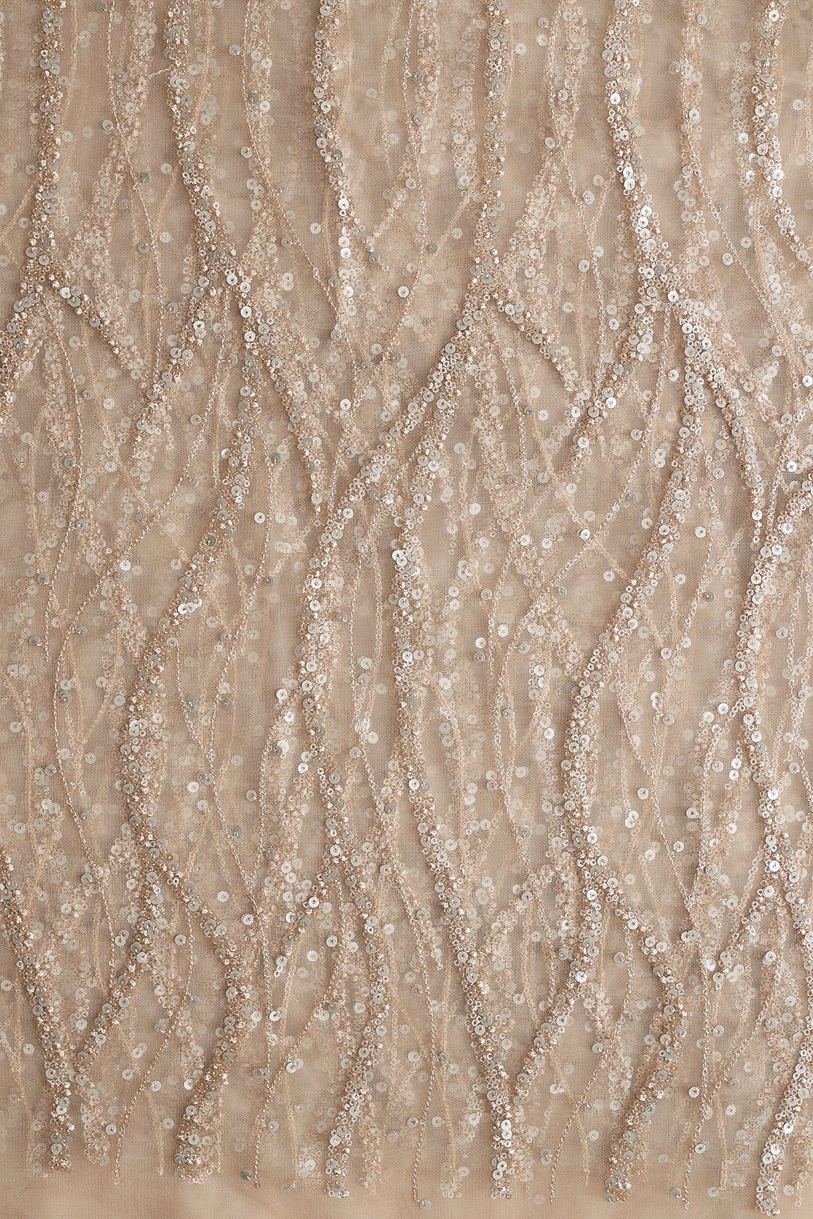 AIzaSyBcstauz-XMPRhEY21AUzeo032pxrXB5Ug - Gold And Silver Sequins With Beige Thread Wavy Embroidery On Light Beige Soft Net