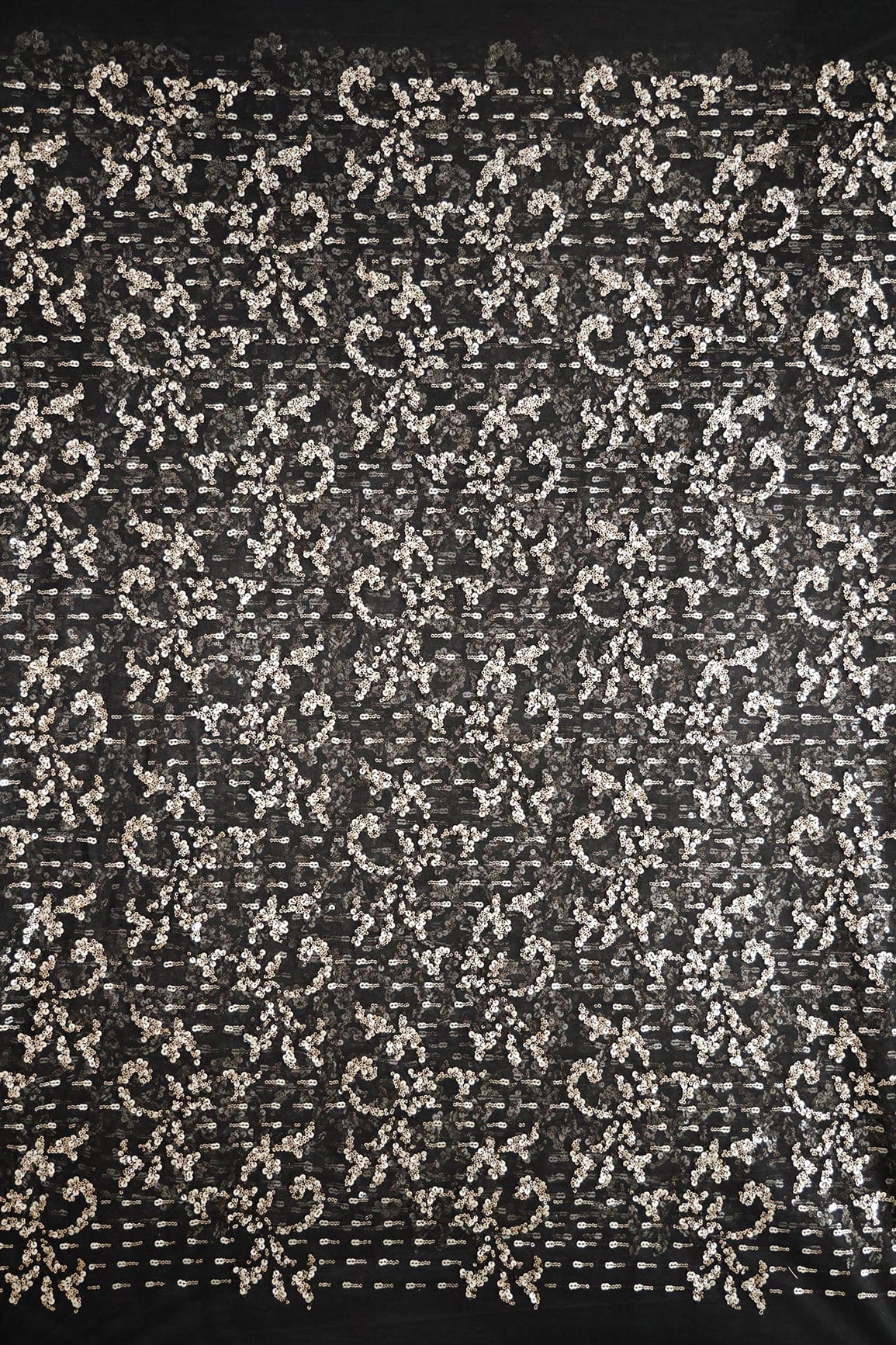 AIzaSyBcstauz-XMPRhEY21AUzeo032pxrXB5Ug - Gold And Silver Sequins With Black Thread Abstract Embroidery Work On Black Soft Net Fabric