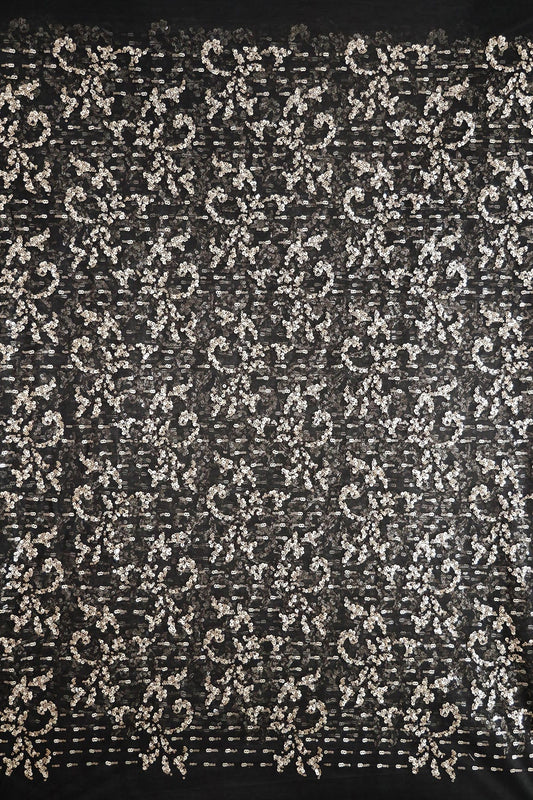 AIzaSyBcstauz-XMPRhEY21AUzeo032pxrXB5Ug - Gold And Silver Sequins With Black Thread Abstract Embroidery Work On Black Soft Net Fabric