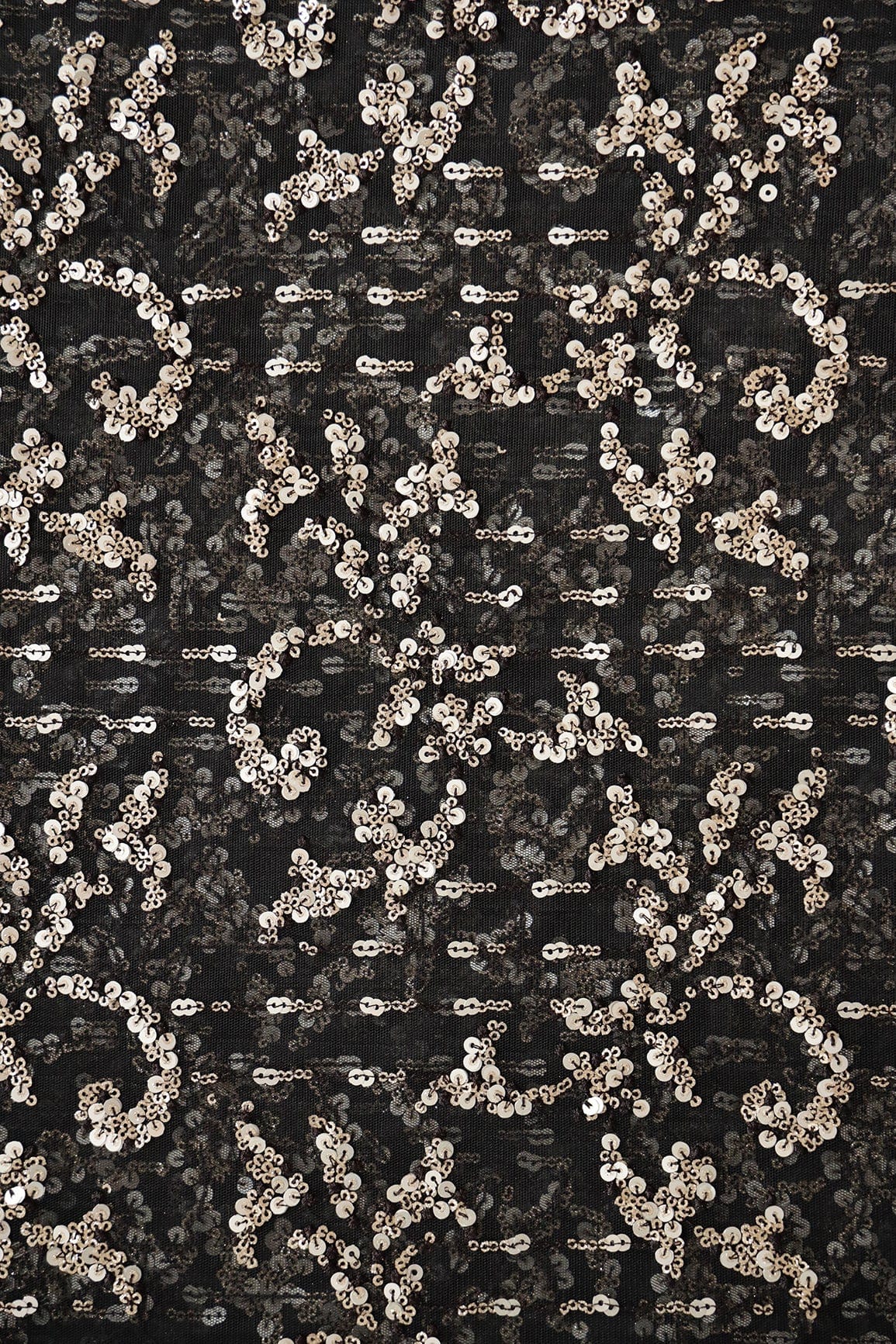 AIzaSyBcstauz-XMPRhEY21AUzeo032pxrXB5Ug - Gold And Silver Sequins With Black Thread Abstract Embroidery Work On Black Soft Net Fabric