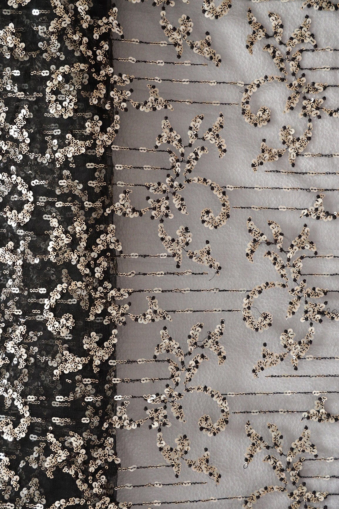 AIzaSyBcstauz-XMPRhEY21AUzeo032pxrXB5Ug - Gold And Silver Sequins With Black Thread Abstract Embroidery Work On Black Soft Net Fabric