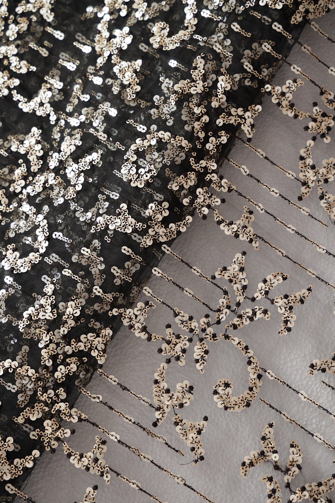 AIzaSyBcstauz-XMPRhEY21AUzeo032pxrXB5Ug - Gold And Silver Sequins With Black Thread Abstract Embroidery Work On Black Soft Net Fabric