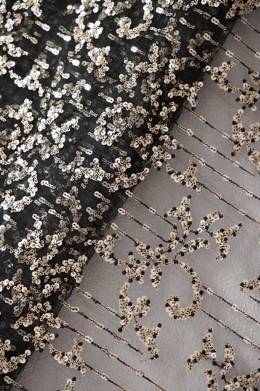 AIzaSyBcstauz-XMPRhEY21AUzeo032pxrXB5Ug - Gold And Silver Sequins With Black Thread Abstract Embroidery Work On Black Soft Net Fabric