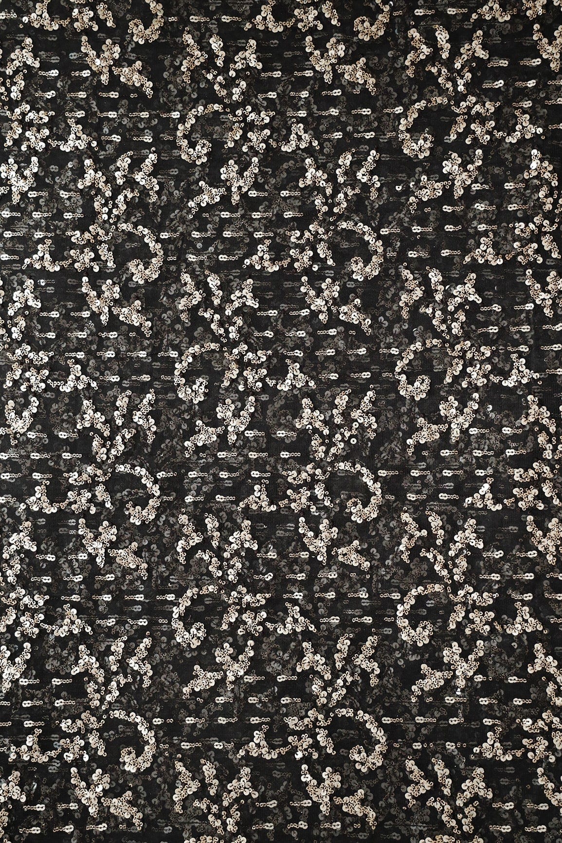 AIzaSyBcstauz-XMPRhEY21AUzeo032pxrXB5Ug - Gold And Silver Sequins With Black Thread Abstract Embroidery Work On Black Soft Net Fabric