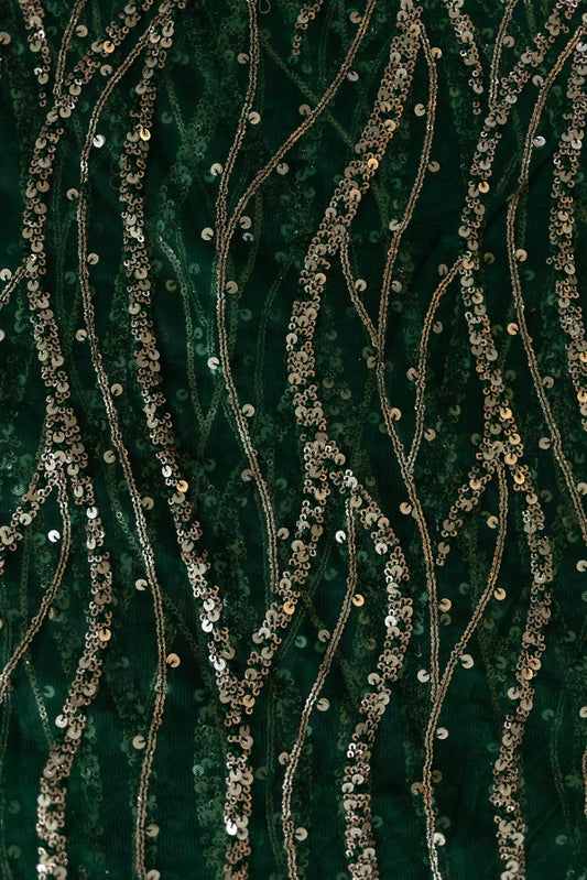AIzaSyBcstauz-XMPRhEY21AUzeo032pxrXB5Ug - Gold And Silver Sequins With Bottle Green Thread Embroidery on Bottle Green Soft Net
