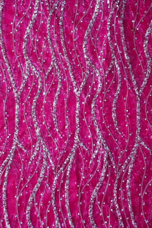 AIzaSyBcstauz-XMPRhEY21AUzeo032pxrXB5Ug - Gold And Silver Sequins With Fuchsia Thread Wavy Embroidery Work On Fuchsia Soft Net Fabric