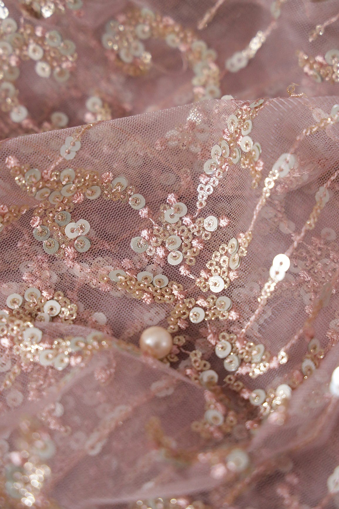 AIzaSyBcstauz-XMPRhEY21AUzeo032pxrXB5Ug - Gold And Silver Sequins With Mauve Thread Abstract Embroidery Work On Mauve Soft Net Fabric