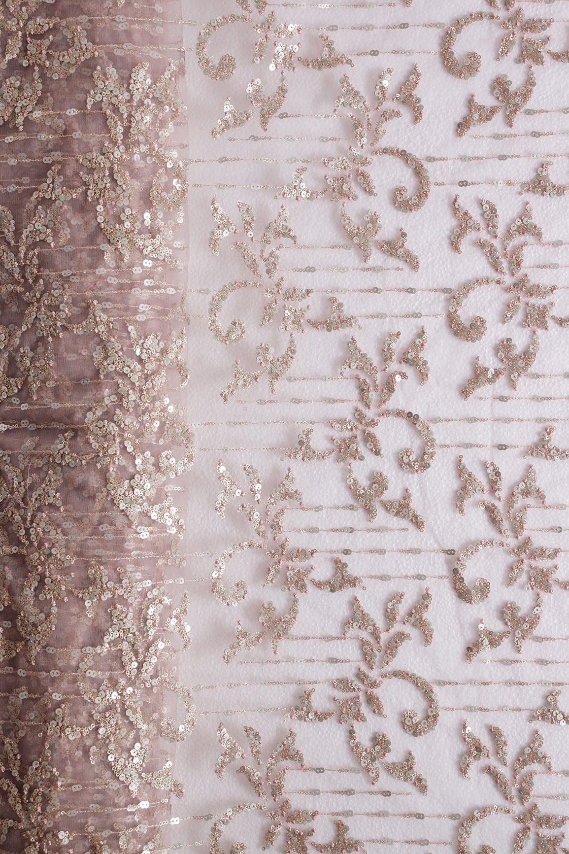 AIzaSyBcstauz-XMPRhEY21AUzeo032pxrXB5Ug - Gold And Silver Sequins With Mauve Thread Abstract Embroidery Work On Mauve Soft Net Fabric