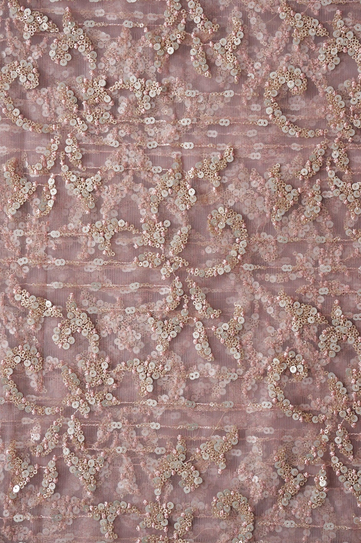 AIzaSyBcstauz-XMPRhEY21AUzeo032pxrXB5Ug - Gold And Silver Sequins With Mauve Thread Abstract Embroidery Work On Mauve Soft Net Fabric