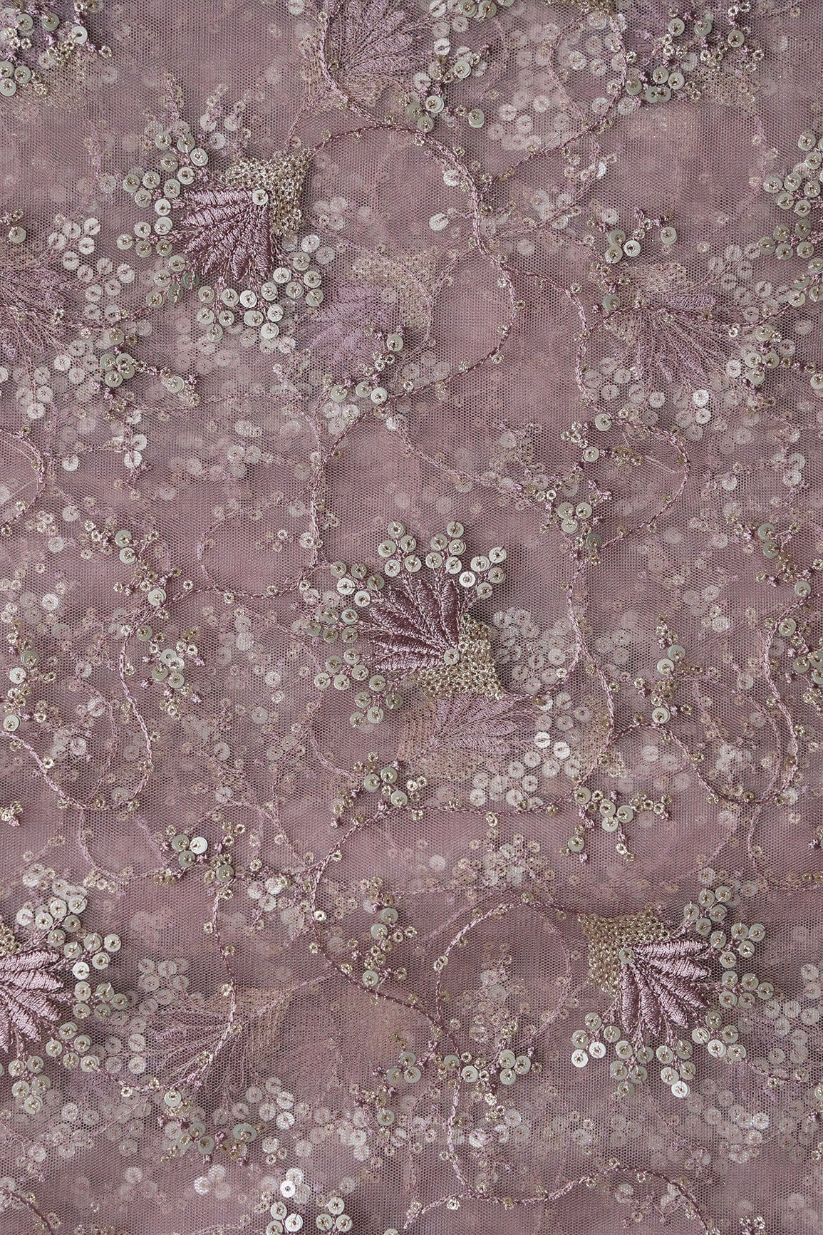 AIzaSyBcstauz-XMPRhEY21AUzeo032pxrXB5Ug - Gold And Silver Sequins With Mauve Thread Floral Embroidery Work On Mauve Soft Net Fabric