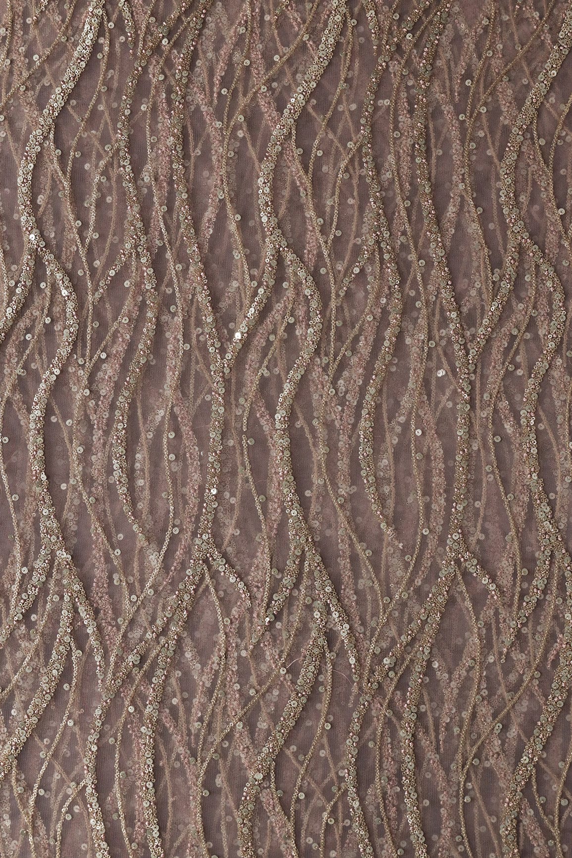 AIzaSyBcstauz-XMPRhEY21AUzeo032pxrXB5Ug - Gold And Silver Sequins With Mauve Thread Wavy Embroidery Work On Mauve Soft Net Fabric