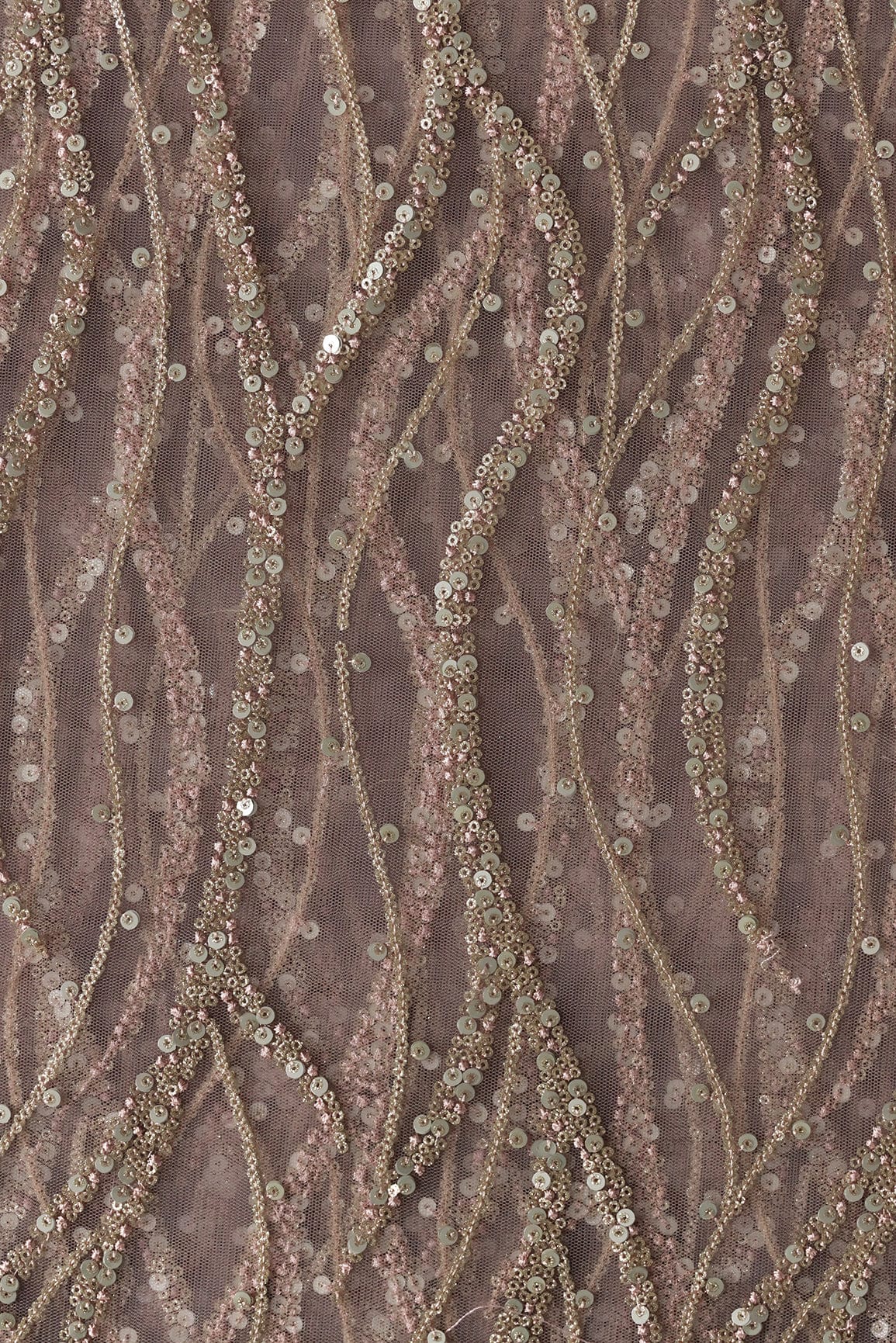 AIzaSyBcstauz-XMPRhEY21AUzeo032pxrXB5Ug - Gold And Silver Sequins With Mauve Thread Wavy Embroidery Work On Mauve Soft Net Fabric