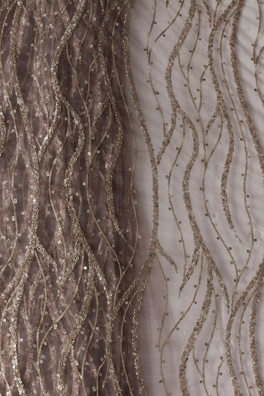 AIzaSyBcstauz-XMPRhEY21AUzeo032pxrXB5Ug - Gold And Silver Sequins With Mauve Thread Wavy Embroidery Work On Mauve Soft Net Fabric