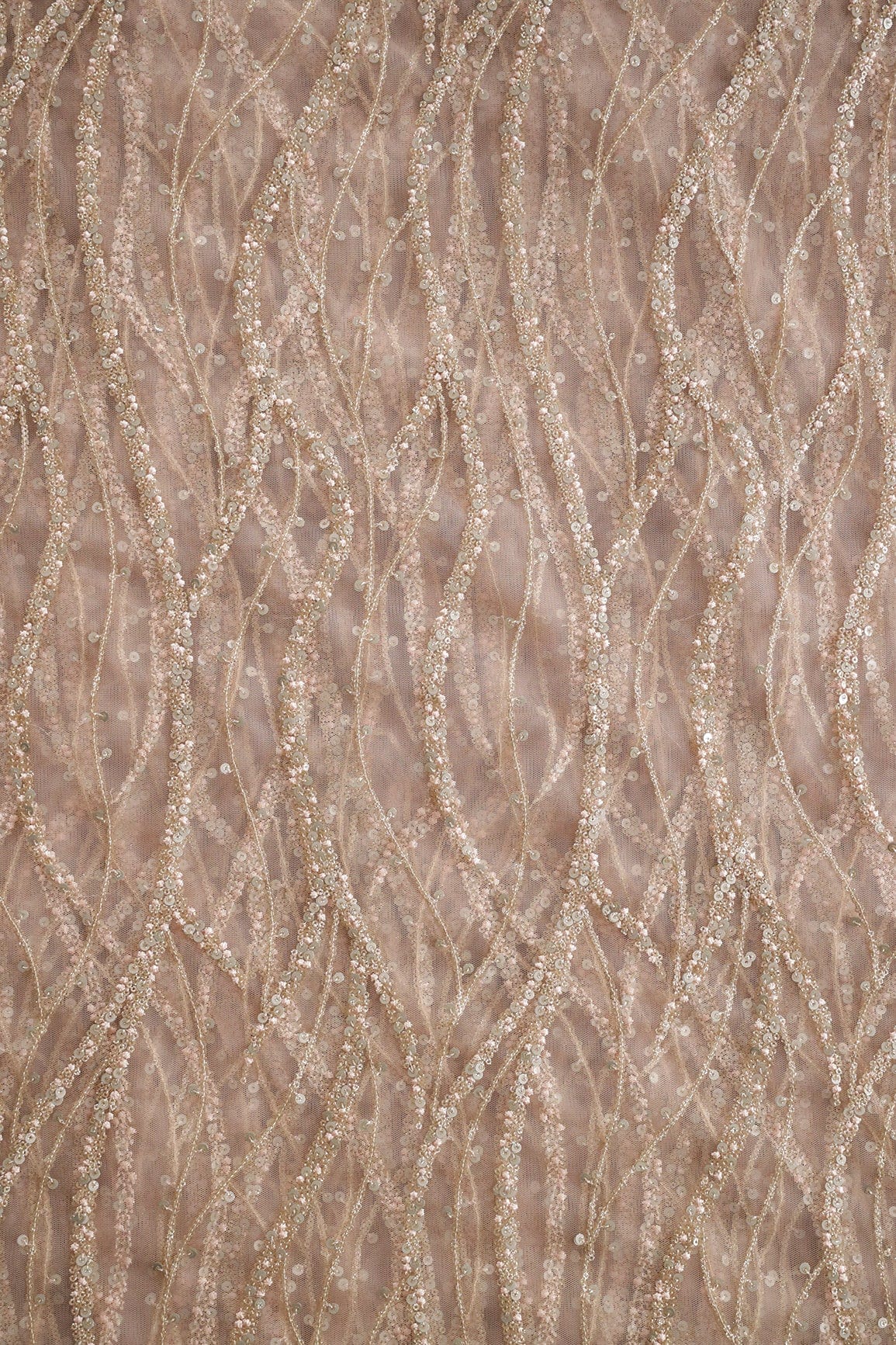 AIzaSyBcstauz-XMPRhEY21AUzeo032pxrXB5Ug - Gold And Silver Sequins With Peach Thread Embroidery on Peach Soft Net